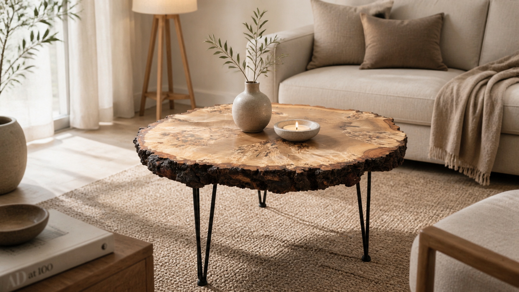 Baumkante Couchtisch Designertisch Baumscheibe Massivholz Unikat mit Naturkante & stabilisierter Rinde, Nadelbeine aus Stahl