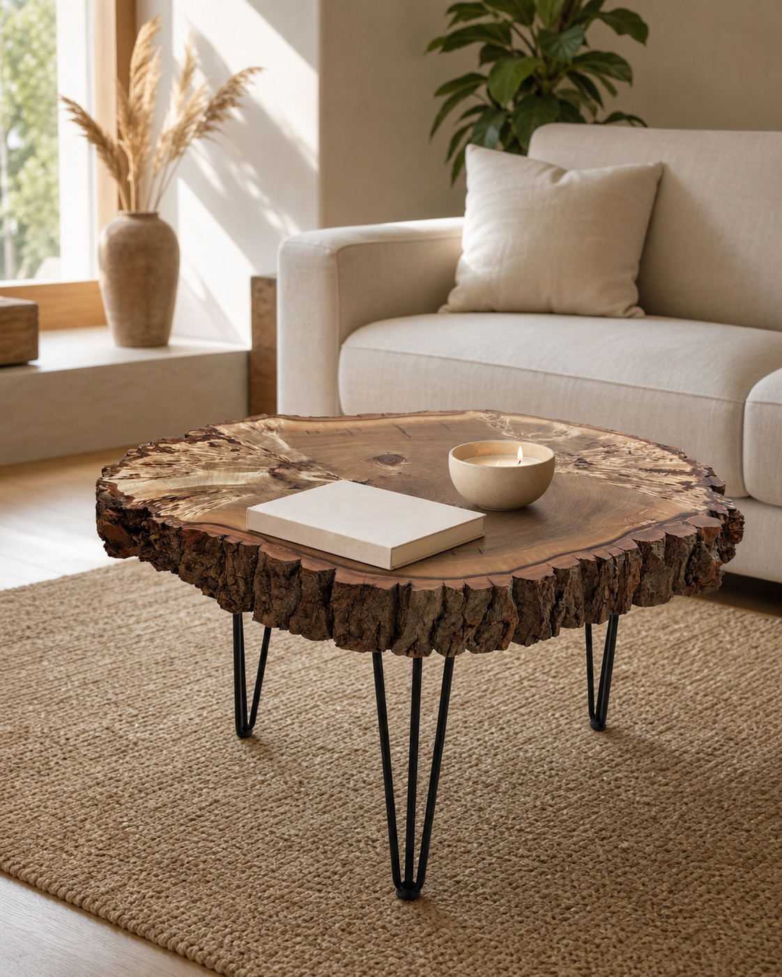 Baumkante Couchtisch Designertisch Baumscheibe Massivholz Unikat mit Naturkante & Rinde, Nadelbeine aus StahlBaumkante Couchtisch Designertisch Baumscheibe Massivholz Unikat mit Naturkante & Rinde, Nadelbeine aus Stahl