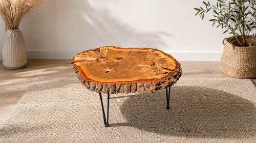 Baumkante Couchtisch Designertisch Baumscheibe Massivholz Unikat mit Naturkante & Rinde, Nadelbeine aus StahlBaumkante Couchtisch Designertisch Baumscheibe Massivholz Unikat mit Naturkante & Rinde, Nadelbeine aus Stahl